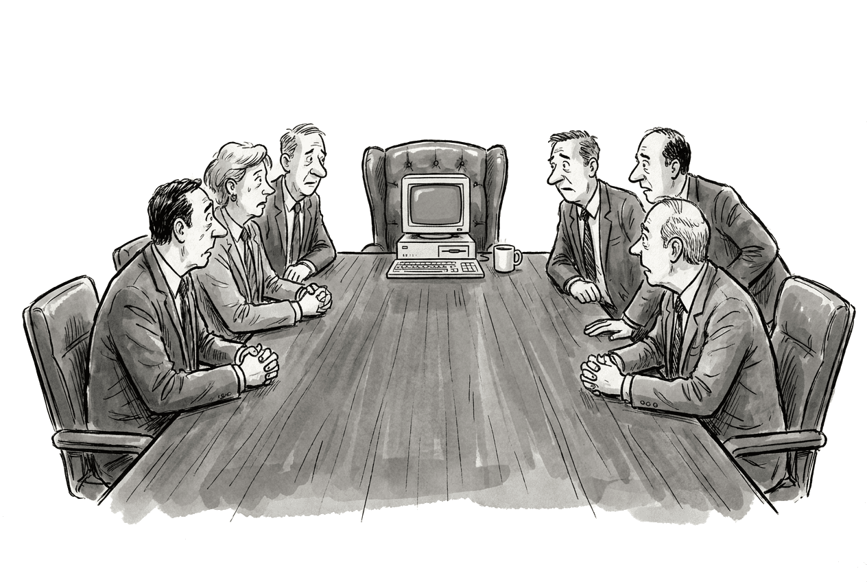 Six executives lean over a boardroom table, all staring at a small computer sitting in the chairman's chair.