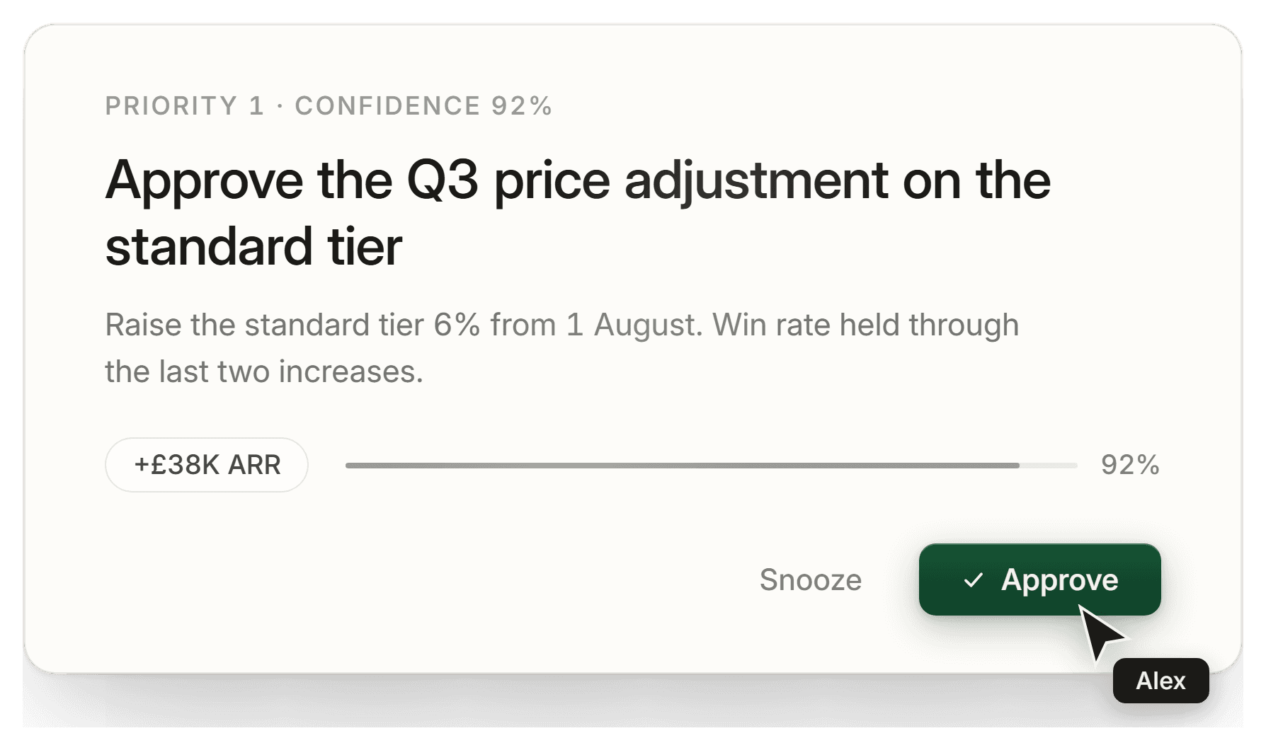 A priority decision card in Imperium OS with a one-click Approve button.