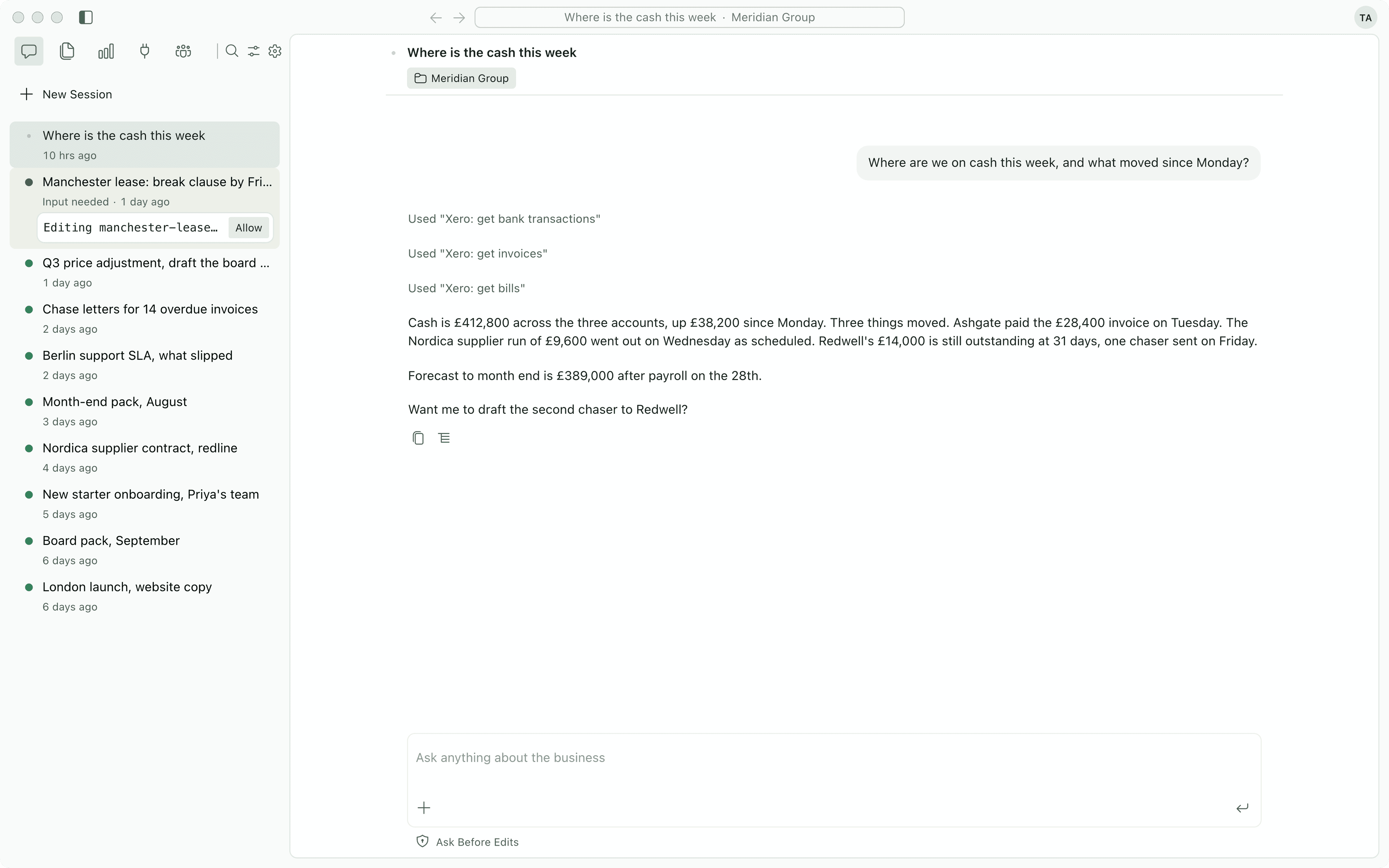 The Imperium OS chat window with a sourced answer